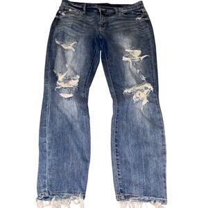 Judy Blue Boyfriend Fit Distressed Medium Wash Jeans Raw Fringe Hem Size 13/31